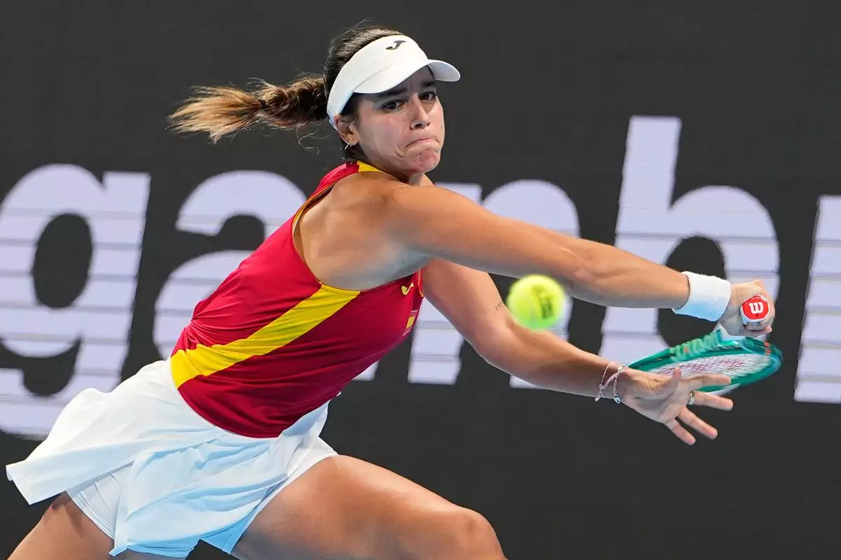 Spain's Jessica Bouzas Maneiro returns the ball to Czech Republic's Karolina Muchova during the Billie Jean King Cup women's singles semifinal tennis match between Spain and Czech Republic, in Shenzhen, China, Friday, Sept. 25, 2026. (AP Photo/Andy Wong)