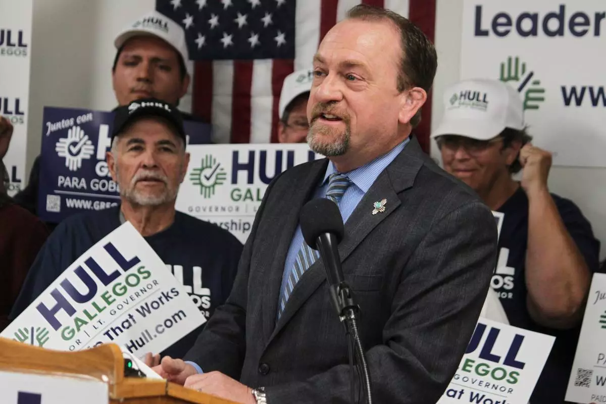 Republican gubernatorial nominee Gregg Hull introduces his plan for phasing out state income tax for all New Mexicans during a news conference in Albuquerque, N.M., on Oct. 5, 2026. (AP Photo/Susan Montoya Bryan)