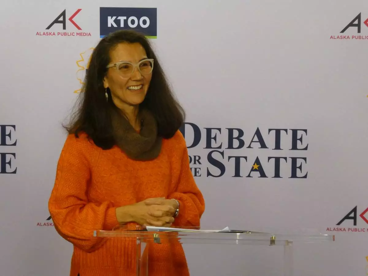Democrat Mary Peltola smiles ahead of a debate with Republican U.S. Sen. Dan Sullivan in Alaska's Senate race on Thursday, Oct. 15, 2026, in Anchorage, Alaska. (AP Photo/Becky Bohrer)