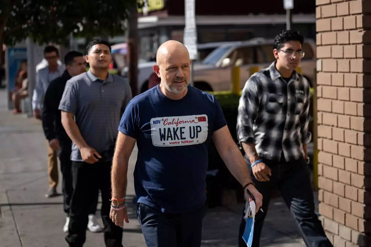 California gubernatorial candidate Steve Hilton arrives for a news conference in Los Angeles, Monday, Sept. 21, 2026. (AP Photo/Jae C. Hong)