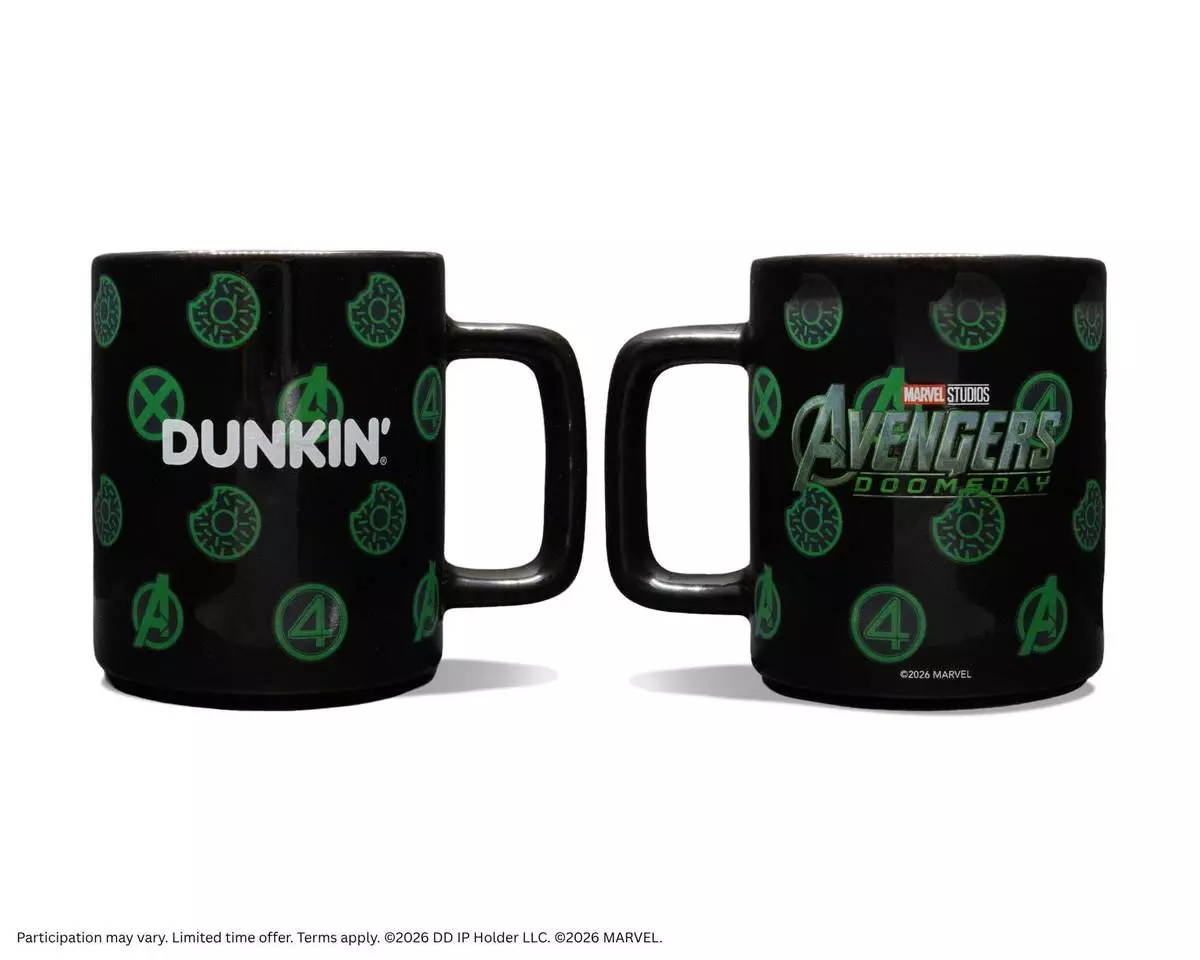 The limited-edition Avengers: Doomsday-Themed Color-Changing Mug features film and Dunkin’ branding with character-inspired icons, available at participating Dunkin’ restaurants nationwide beginning Nov. 4, while supplies last.
