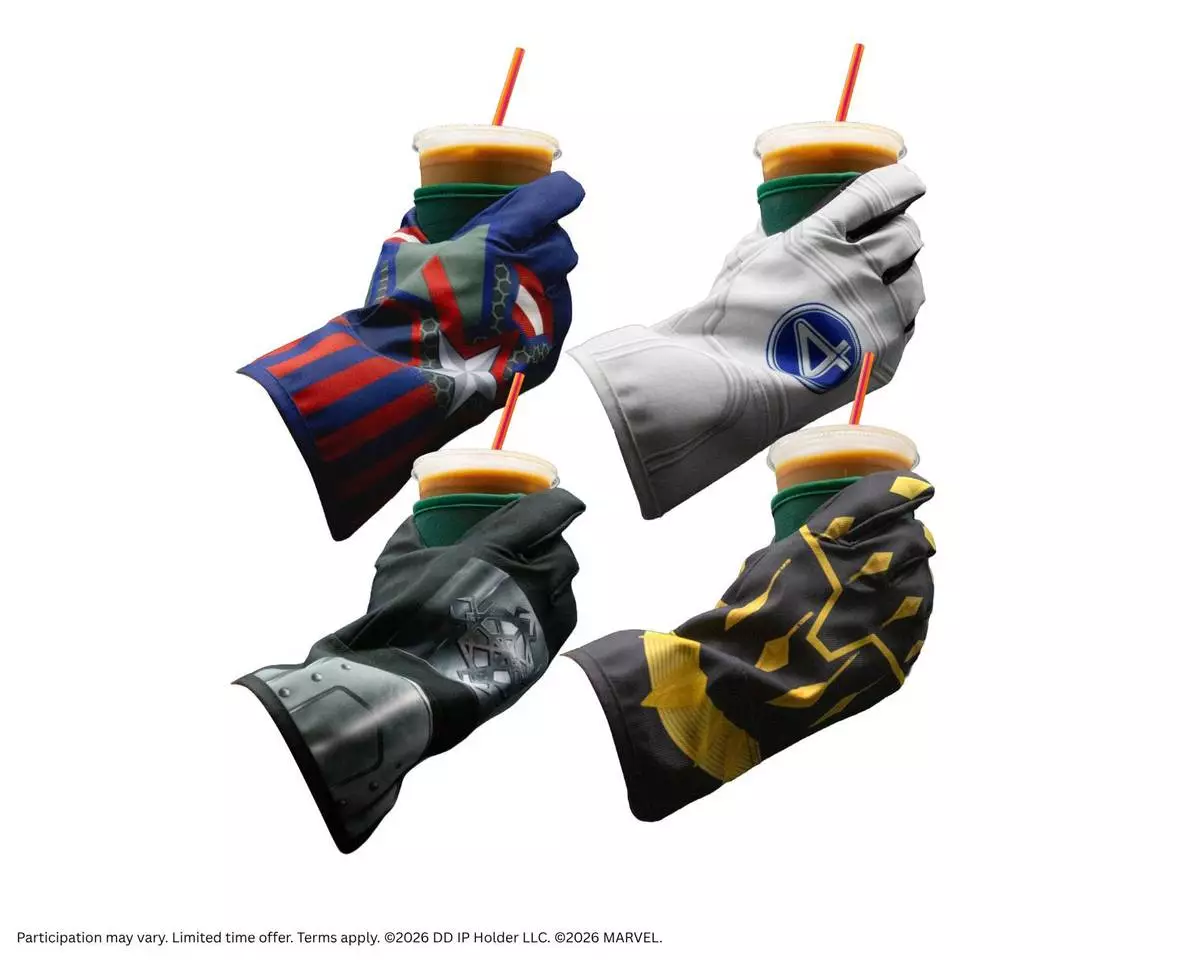 Dunkin’s Avengers: Doomsday-Themed Glove Cup Sleeves feature collectible designs inspired by Doctor Doom, Black Panther, Mister Fantastic and Captain America, available at participating Dunkin’ restaurants nationwide beginning Nov. 4, while supplies last.