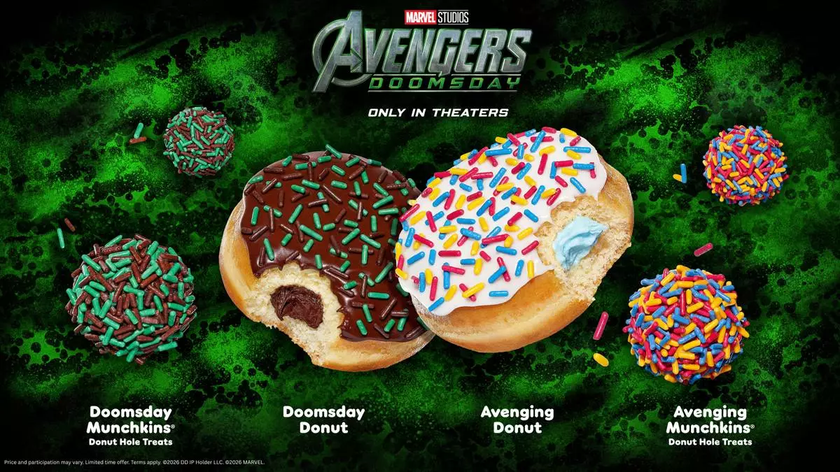 Dunkin’ and Marvel Studios’ “Avengers: Doomsday” are introducing the Doomsday Donut, Avenging Donut and Doomsday and Avenging MUNCHKINS® Donut Hole Treats, available Nov. 4 at participating Dunkin' restaurants.