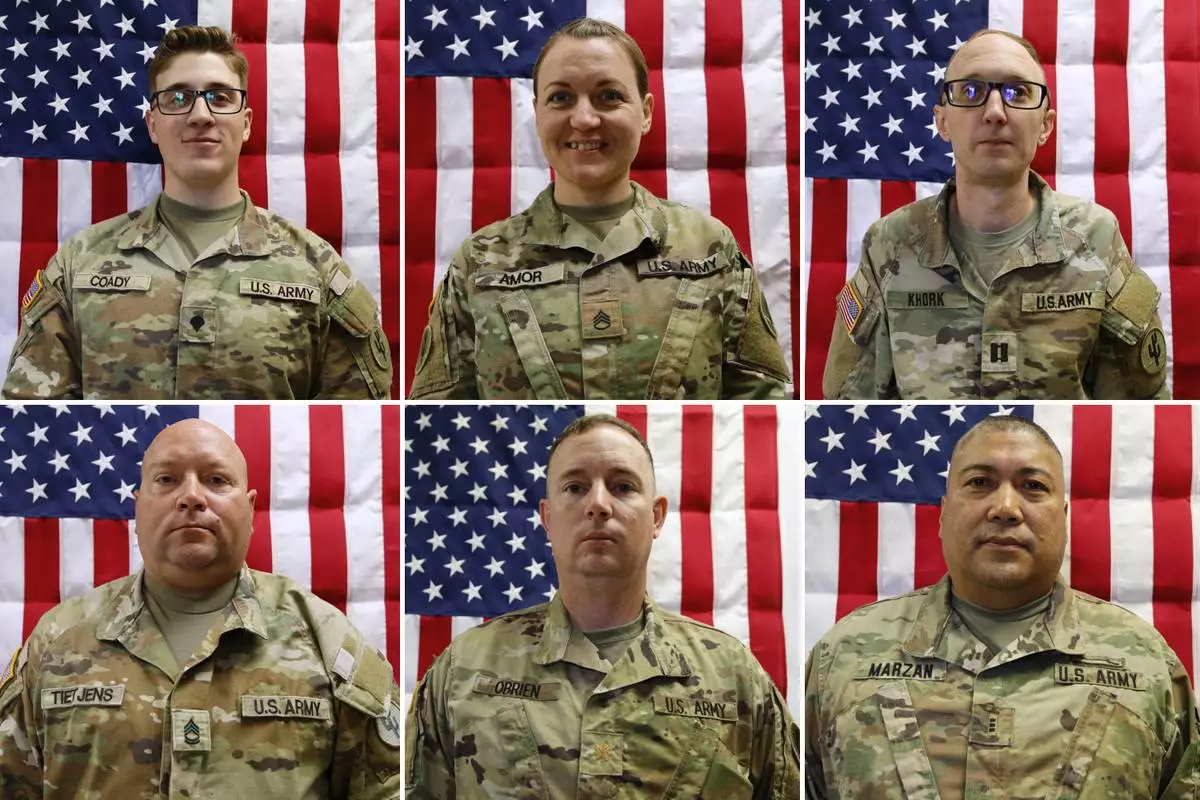 This combination of photos released by the U.S. Army taken on May 16, 2025, shows from top left, Sgt. Declan Coady, Master Sgt. Class Nicole Amor, Maj. Cody Khork, Master Sgt. Class Noah Tietjens, Maj. Jeffrey O’Brien and Chief Warrant Officer 3 Robert Marzan, after they were killed following an Iranian drone strike on March 1, 2026, in Port Shuaiba in Kuwait. (U.S. Army via AP)