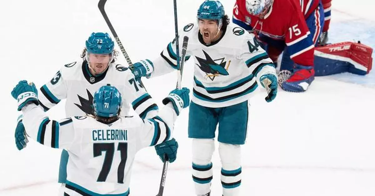 Celebrini scores his 2nd goal of the game on an OT power play to lift the Sharks past the Canadiens