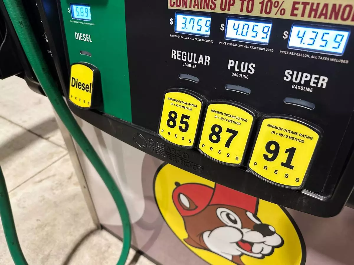 The per-gallon price for the various grades of gasoline available is displayed elecronically on a pump at a Buc-ee's station Monday, Oct. 12, 2026, in Johnstown, Colo. (AP Photo/David Zalubowski)