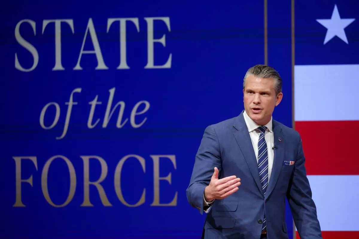 Secretary of Defense Pete Hegseth gives a State of the Force address at Marine Corps Base Quantico, Wednesday, Sept. 30, 2026 in Quantico, Va. (Alex Wong/Pool Photo via AP)