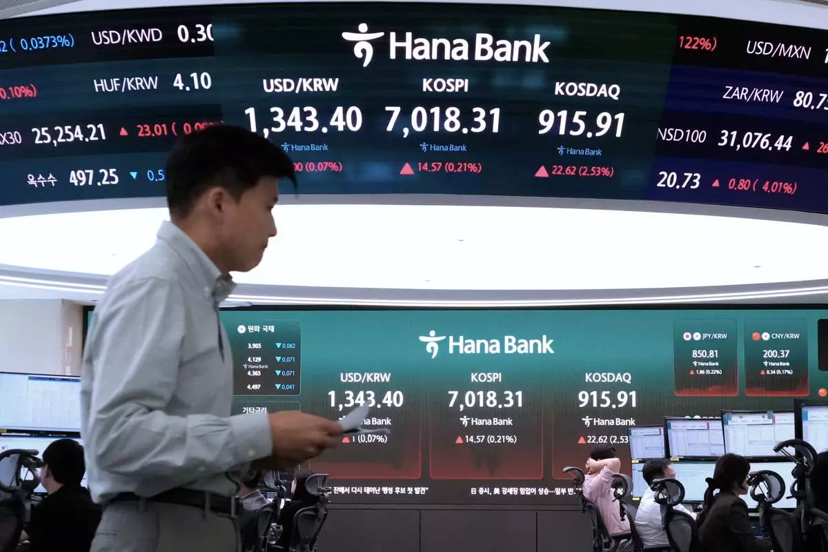 A currency trader passes by screens showing the Korea Composite Stock Price Index (KOSPI) and the foreign exchange rate between U.S. dollar and South Korean won at the foreign exchange dealing room of the Hana Bank headquarters in Seoul, South Korea, Tuesday, Oct. 6, 2026. (AP Photo/Ahn Young-joon)