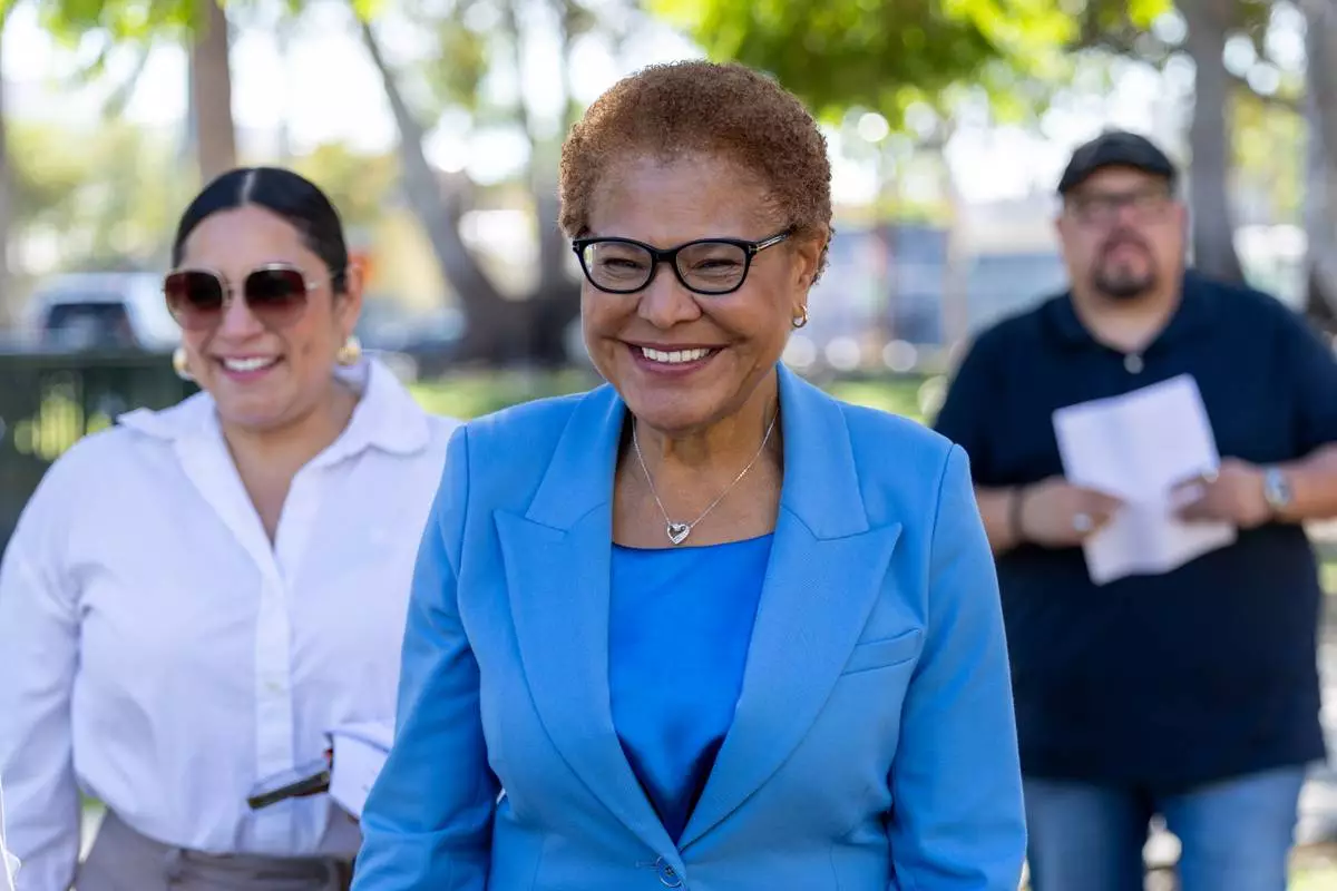Los Angeles Mayor Karen Bass smiles at guests during a campaign event on Monday, Oct. 19, 2026, in Los Angeles. (AP Photo/Amanda Villegas)