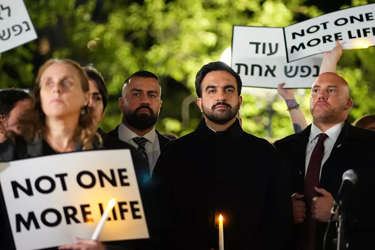 New York City Mayor Zohran Mamdani attends a vigil marking the third anniversary of the October 7 attacks on Israel Wednesday, Oct. 7, 2026, in New York. (AP Photo/Frank Franklin II)