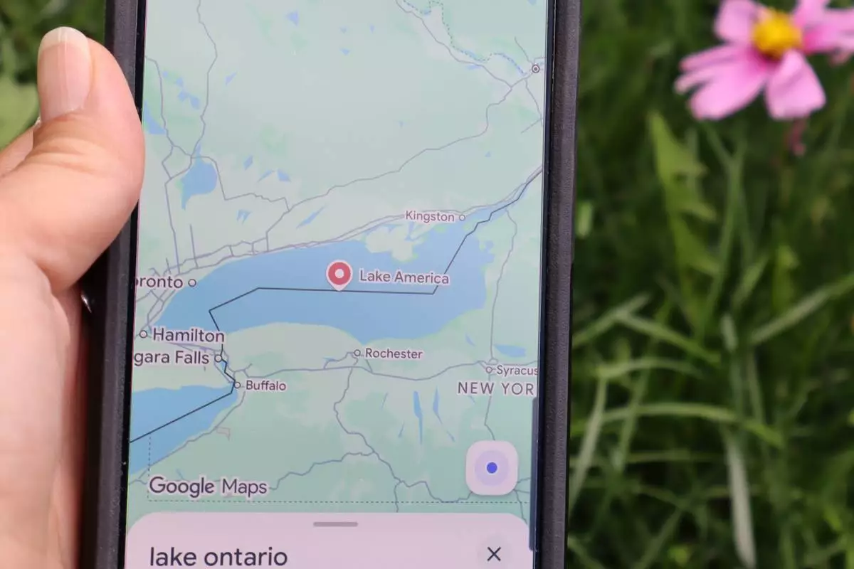FILE - A search for "Lake Ontario" on Google Maps shows up as "Lake America" on Aug. 30, 2026, in Bellemont, Ariz. (AP Photo/Felicia Fonseca, File)