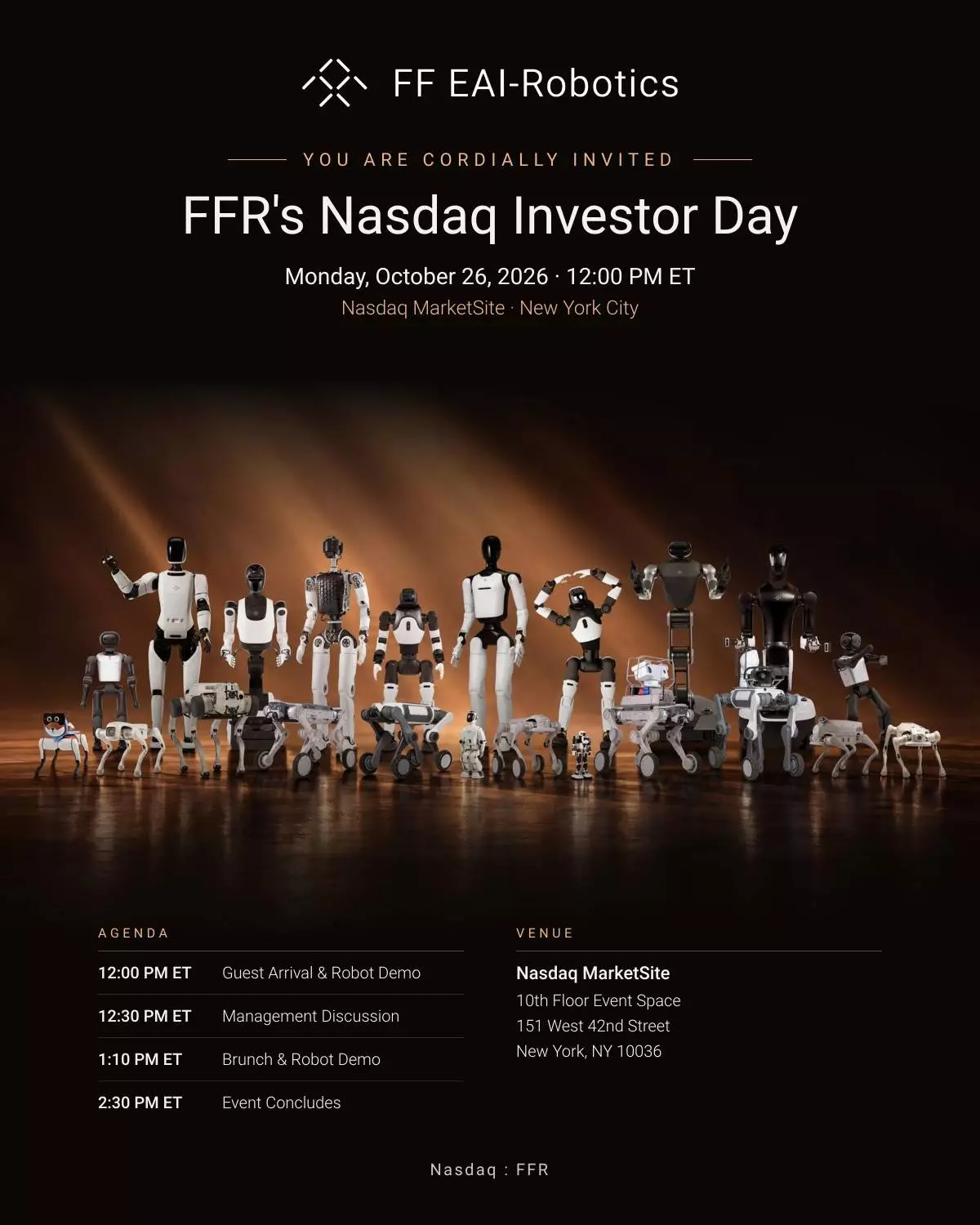Faraday Future Announces Details for FFR’s Listing Ceremony and Nasdaq Investor Day, Taking Place on Monday Oct. 26, at Nasdaq’s Market site in NYC