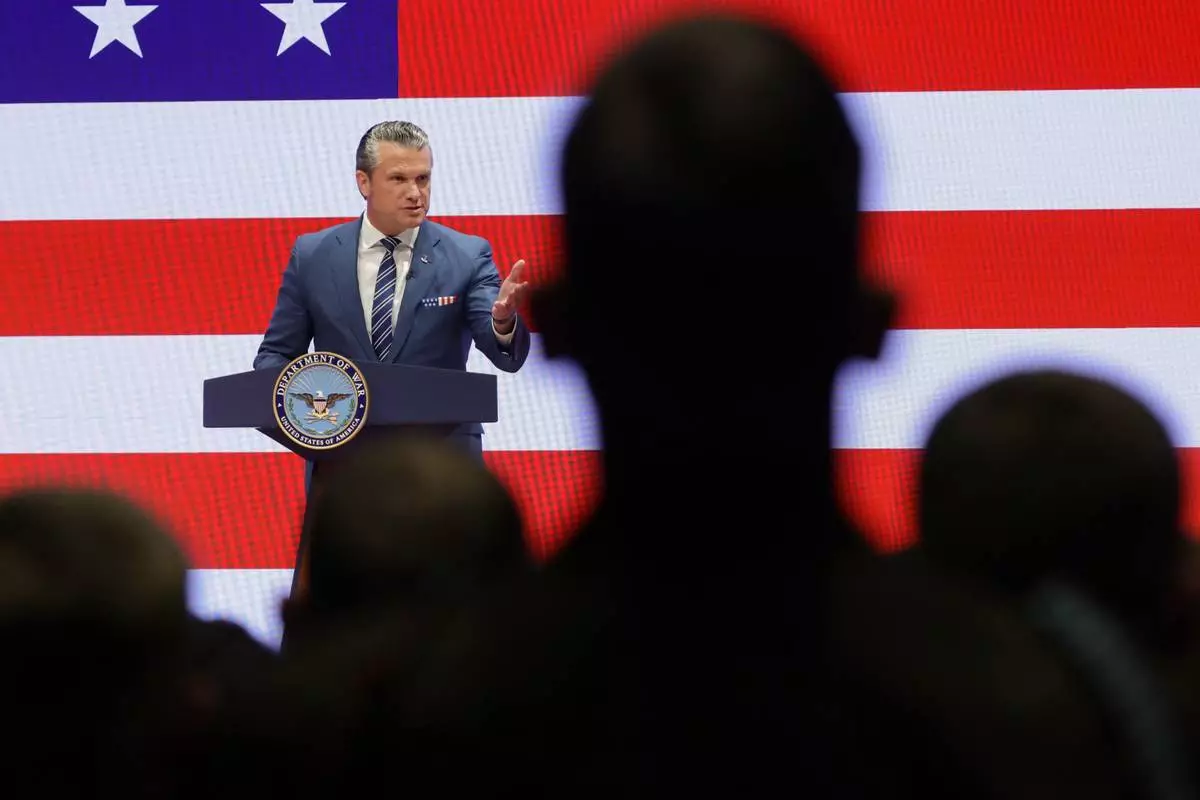 Secretary of Defense Pete Hegseth gives a State of the Force address at Marine Corps Base Quantico, Wednesday, Sept. 30, 2026 in Quantico, Va. (Alex Wong/Pool Photo via AP)
