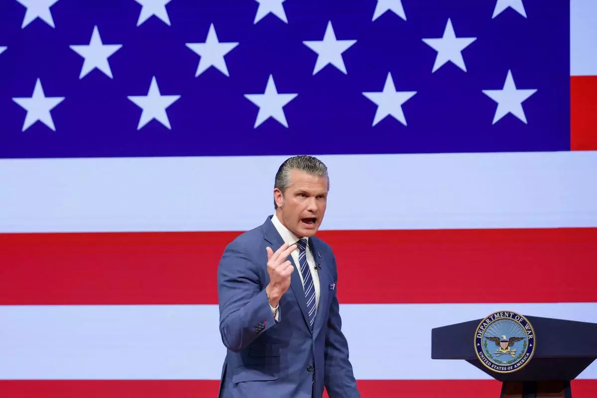 Secretary of Defense Pete Hegseth gives a State of the Force address at Marine Corps Base Quantico, Wednesday, Sept. 30, 2026 in Quantico, Va. (Alex Wong/Pool Photo via AP)