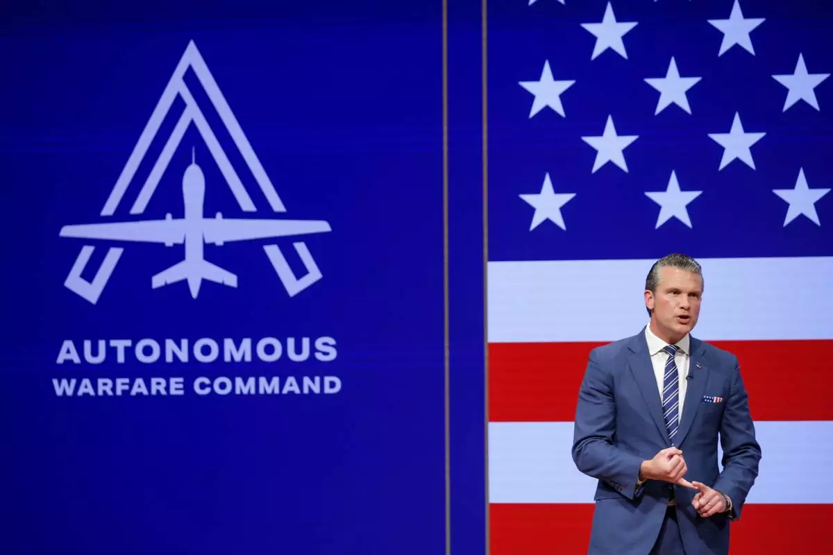 Secretary of Defense Pete Hegseth gives a State of the Force address at Marine Corps Base Quantico, Wednesday, Sept. 30, 2026 in Quantico, Va. (Alex Wong/Pool Photo via AP)