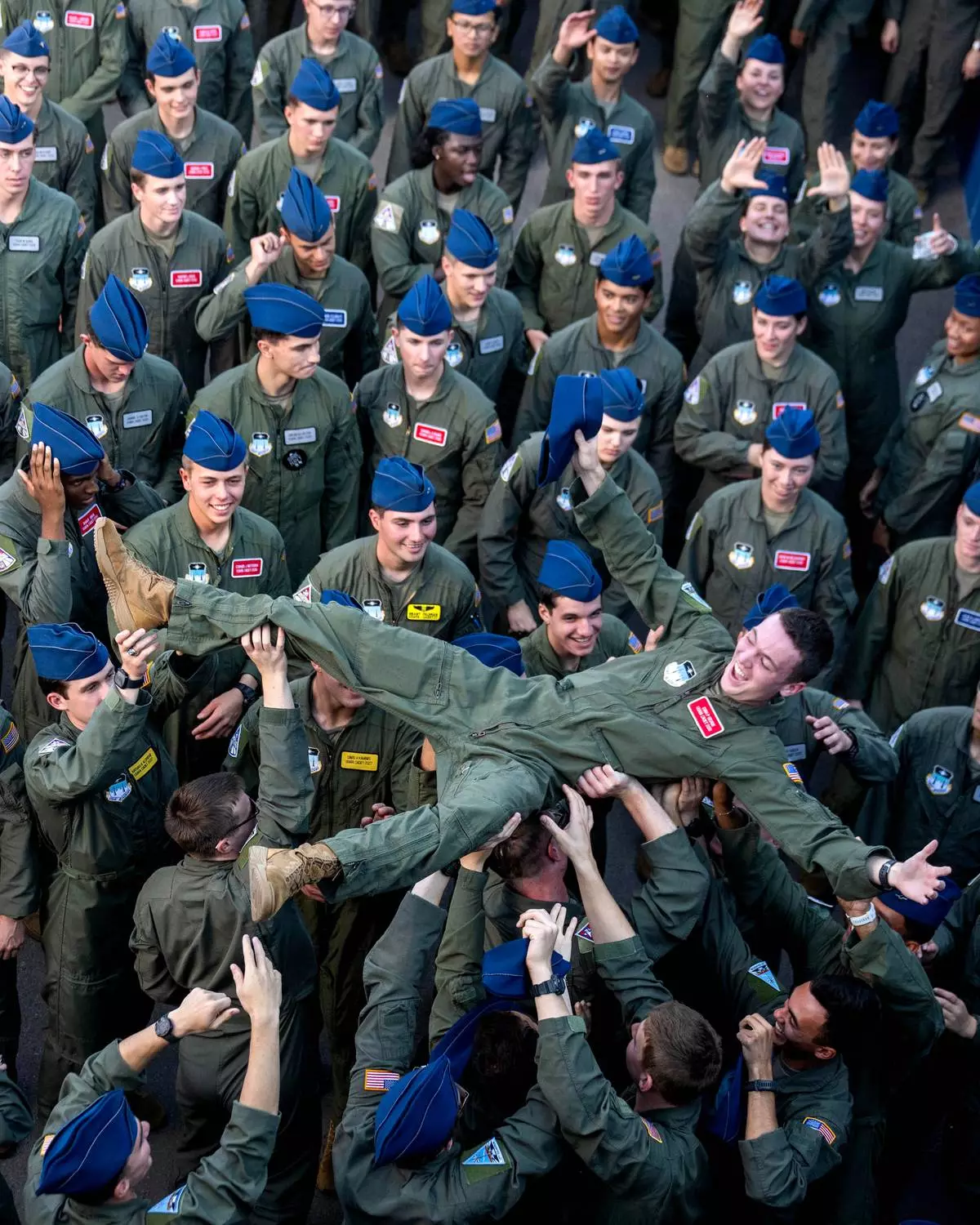An Air Force Academy cadet crowd surfs before an NCAA college football game against Navy, Saturday, Oct. 3, 2026, at Air Force Academy, Colo. (Michael G. Seamans/The Gazette via AP)