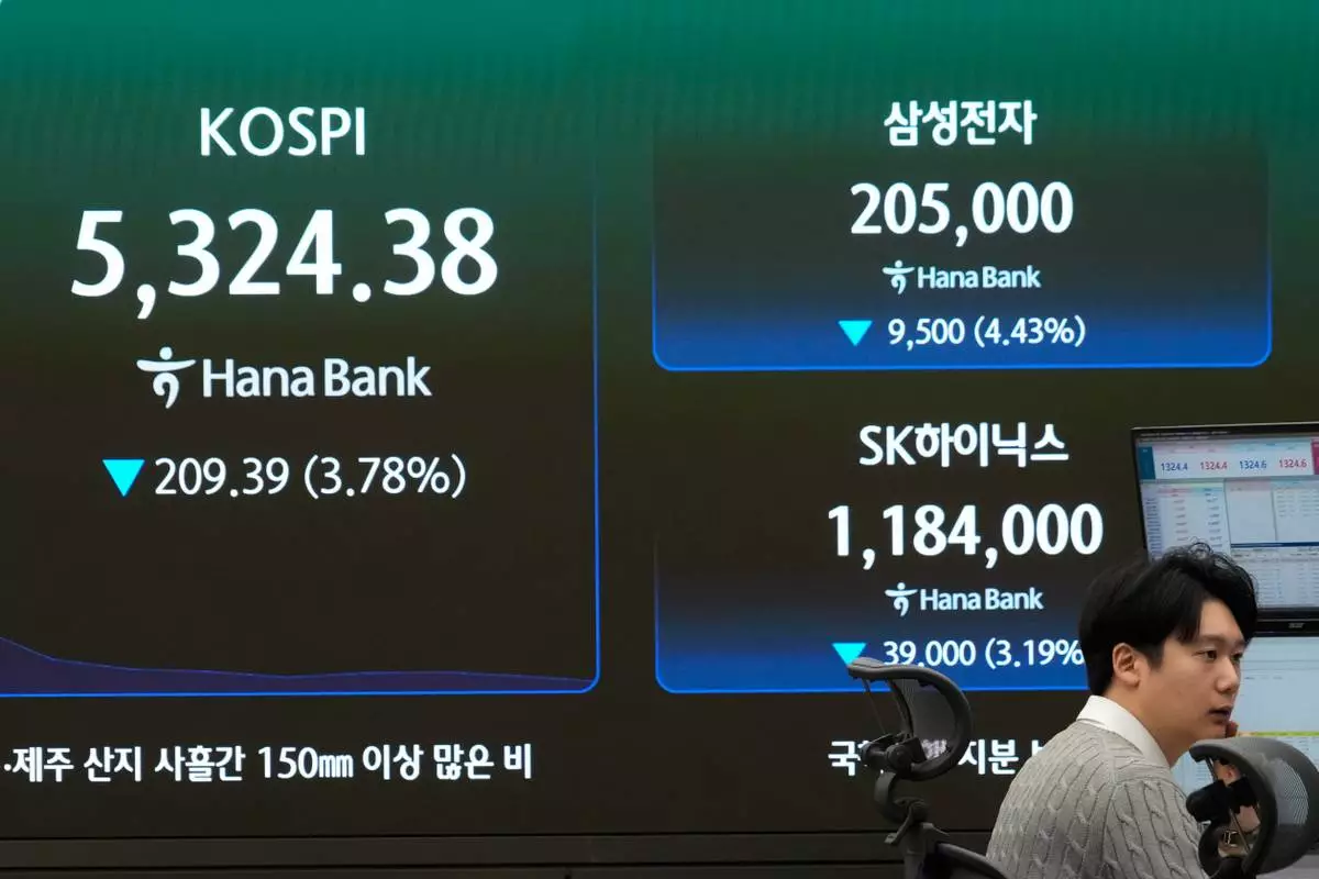 A screen shows the Korea Composite Stock Price Index (KOSPI), SK Hynix and Samsung Electronics Co. stock price at the foreign exchange dealing room of the Hana Bank headquarters in Seoul, South Korea, Friday, Oct. 23, 2026. (AP Photo/Ahn Young-joon)