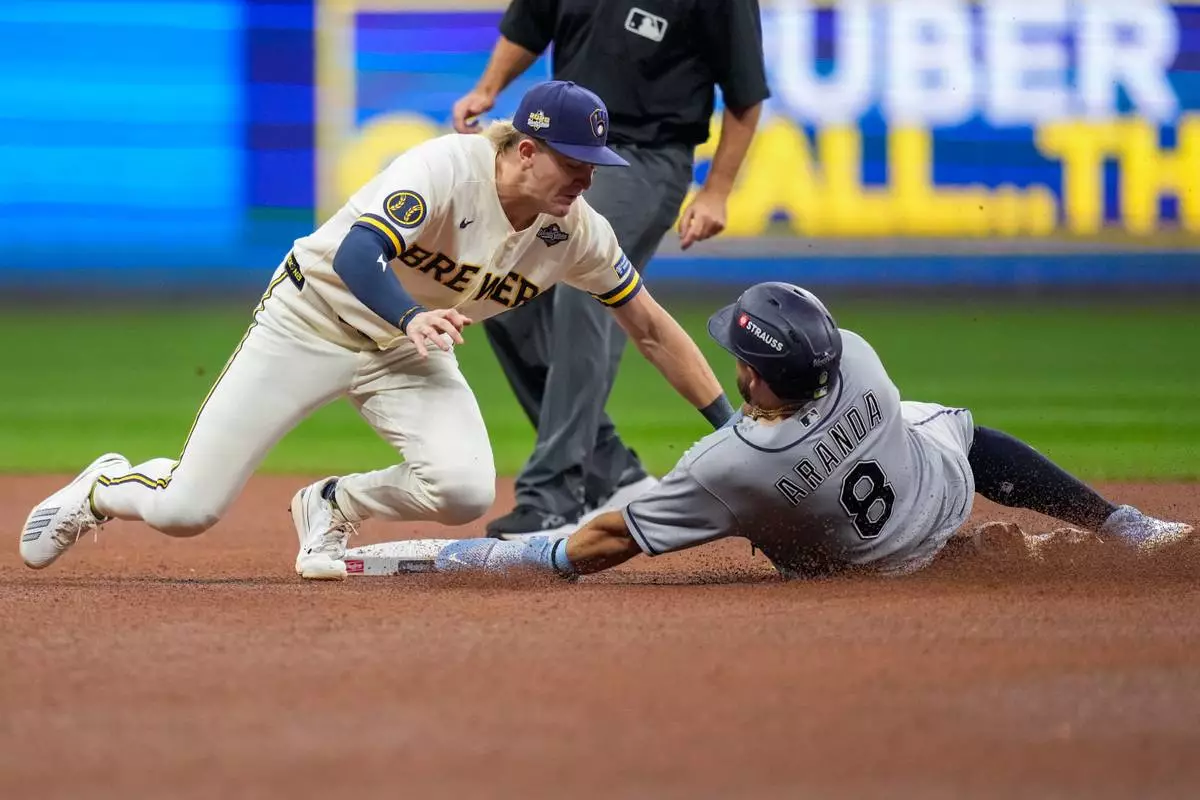 Tampa Bay Rays first baseman Jonathan Aranda (8) is caught stealing by Milwaukee Brewers shortstop Cooper Pratt during the sixth inning of Game 1 of baseball's World Series, Friday, Oct. 23, 2026, in Milwaukee, between the Milwaukee Brewers and the Tampa Bay Rays. (AP Photo/Ashley Landis)
