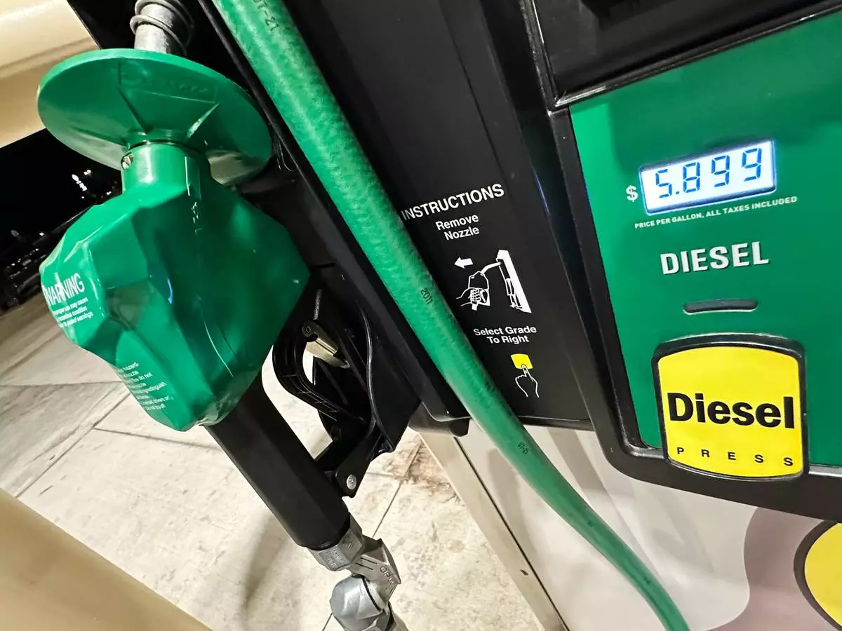 The per-gallon price for diesel fuel is displayed electronically on a pump at a Buc-ee's gasoline station Monday, Oct. 12, 2026, in Johnstown, Colo. (AP Photo/David Zalubowski)