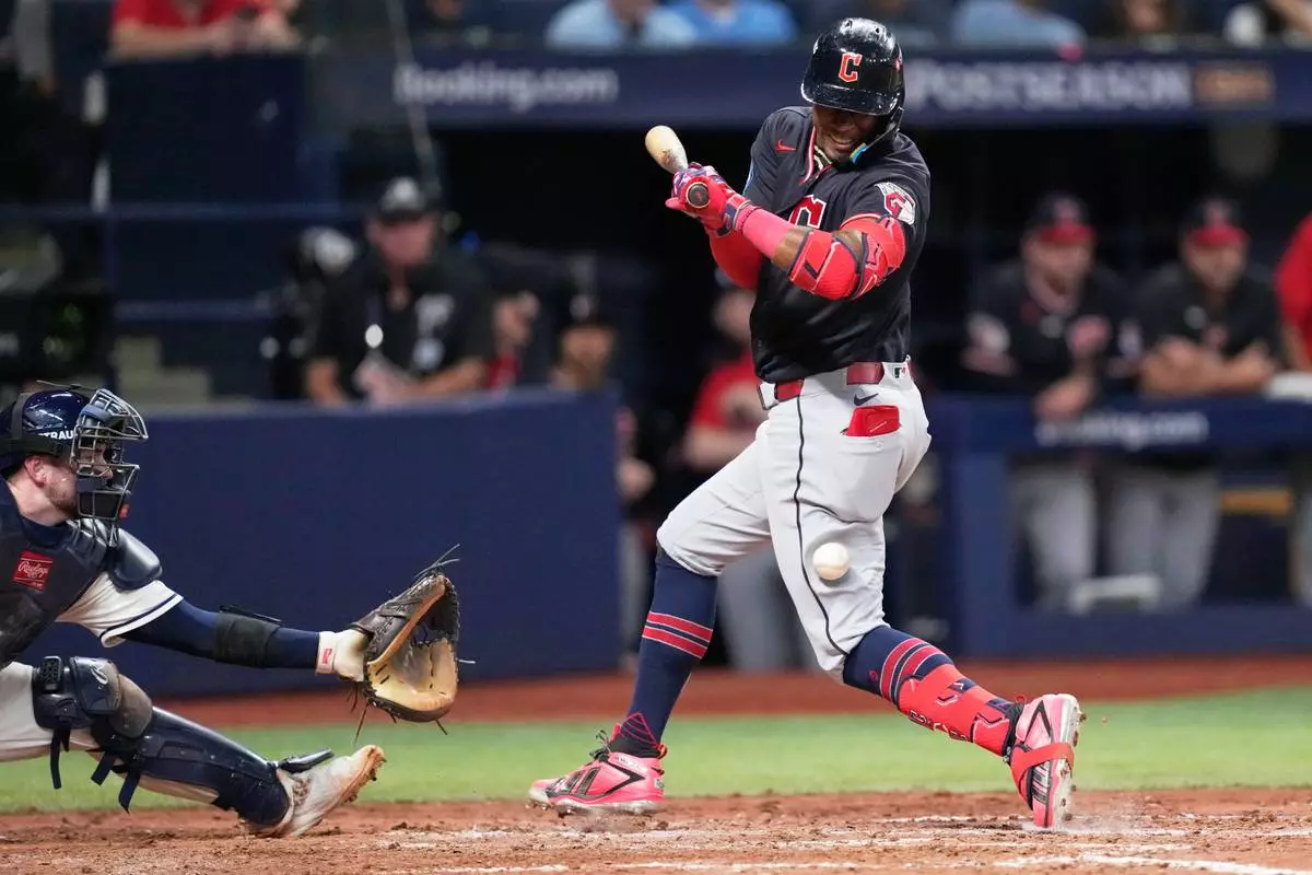 Cleveland Guardians' Angel Martínez gets hit by a pitch with the bases loaded against the Tampa Bay Rays during the eighth inning in Game 6 of an American League Championship Series baseball game in St. Petersburg, Fla. Monday, Oct. 19, 2026. (AP Photo/David J. Phillip)