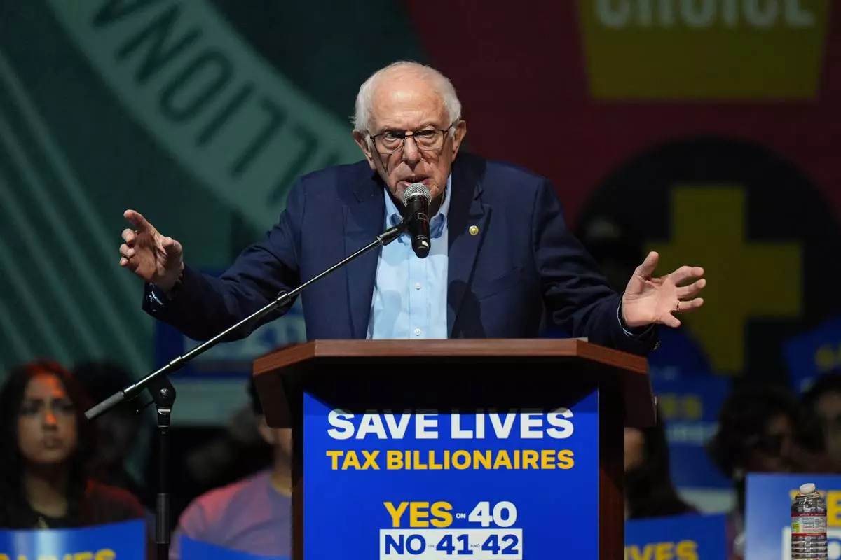 Sen. Bernie Sanders, I-Vt., speaks during a campaign rally in support of California Proposition 40, known as the billionaire tax, in Los Angeles, Monday, Oct. 5, 2026. (AP Photo/Jae C. Hong)