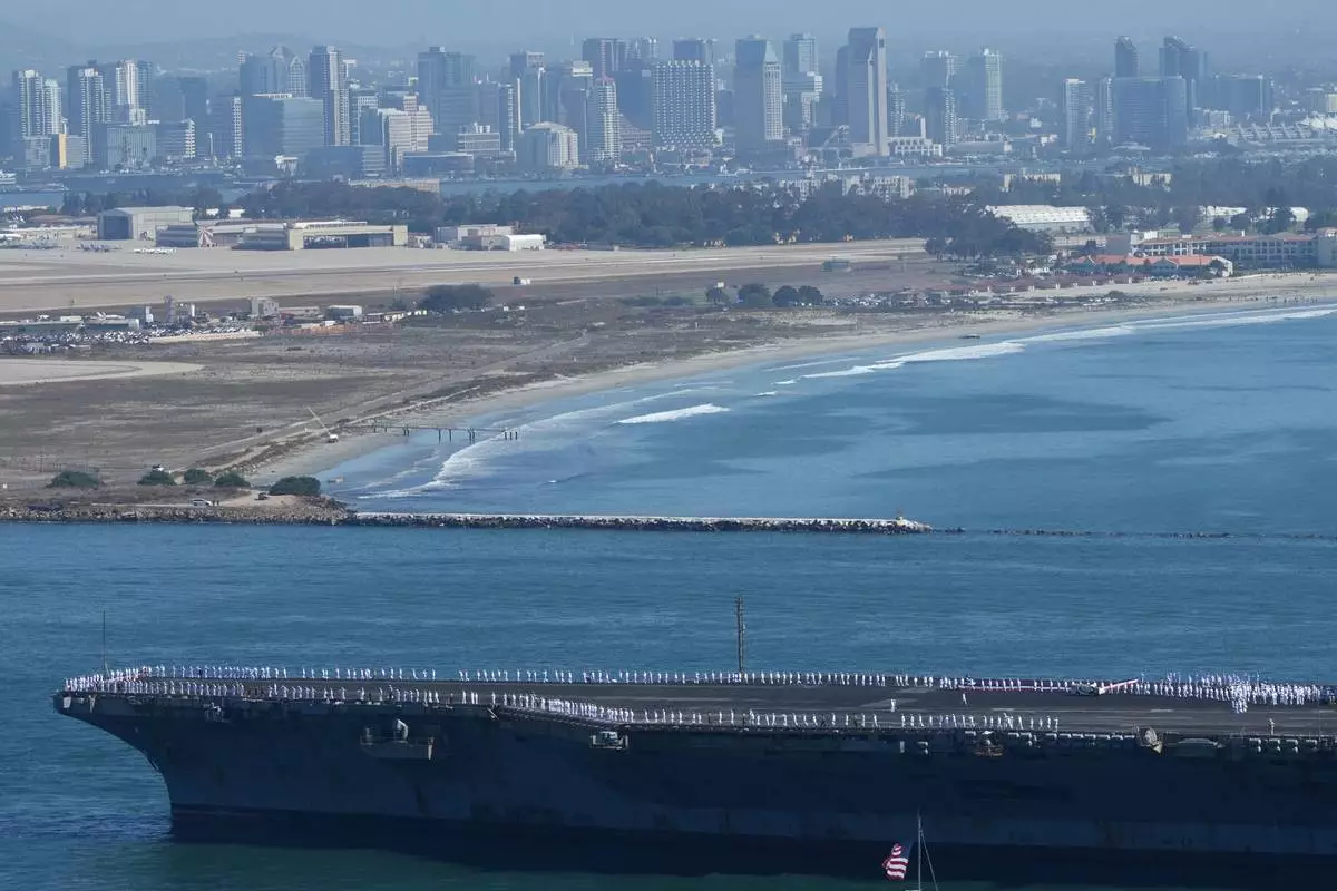The USS Abraham Lincoln aircraft carrier returns to the San Diego Bay after deployment Thursday, Oct. 8, 2026, in San Diego. (AP Photo/Jae C. Hong)
