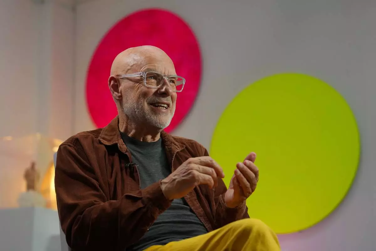 Brian Eno speaks during an interview in London, Tuesday, Sept. 29, 2026. (AP Photo/Kin Cheung)