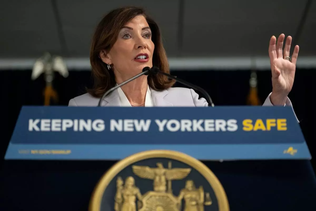 FILE - New York Governor Kathy Hochul takes part in a news conference to announce action against ICE overreach in New York, Aug. 12, 2026. (AP Photo/Yuki Iwamura, File)