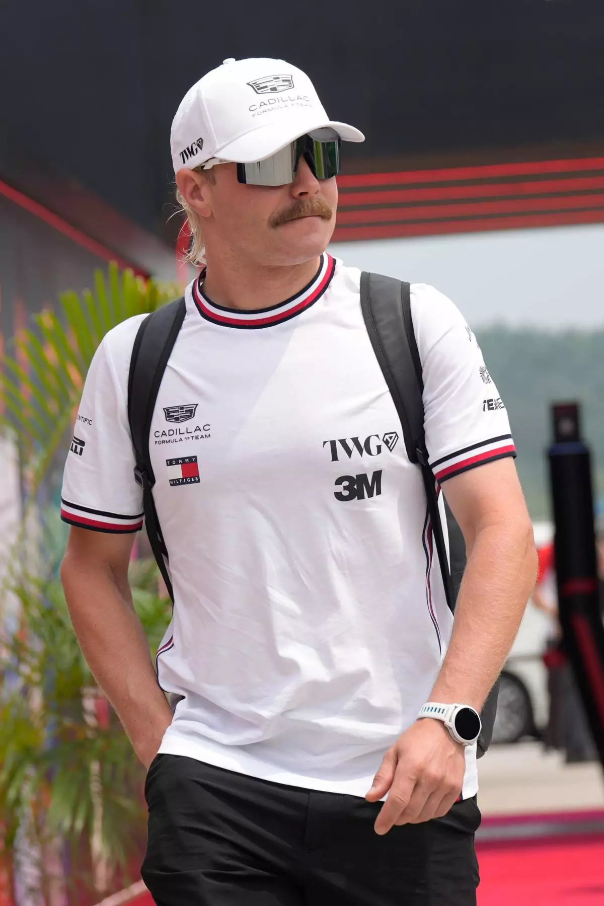 Cadillac driver Valtteri Bottas of Finland arrives at the track ahead of the Bahrain Grand Prix in Sepang, Malaysia, Sunday, Oct. 4, 2026. (AP Photo/Aijaz Rahi)