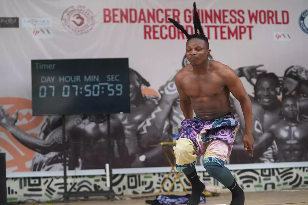 Benjamin Daniel, known as Ben Dancer, attempts dancing for 168 hours in a bid to set a Guinness World Record, at the freedom park in Lagos, Nigeria, Tuesday, Sept. 29, 2026. (AP Photo/Sunday Alamba)