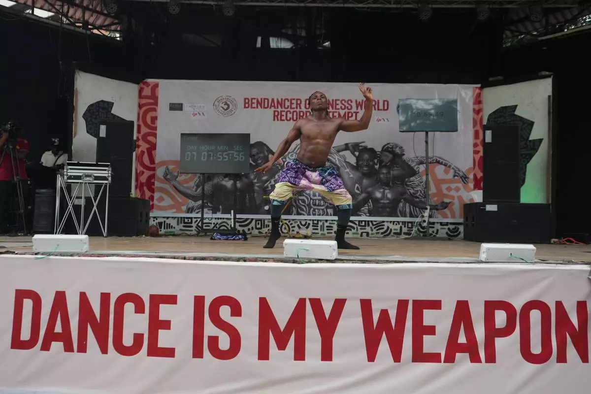 Benjamin Daniel, known as Ben Dancer, attempts dancing for 168 hours in a bid to set a Guinness World Record, at the freedom park in Lagos, Nigeria, Tuesday, Sept. 29, 2026. (AP Photo/Sunday Alamba)