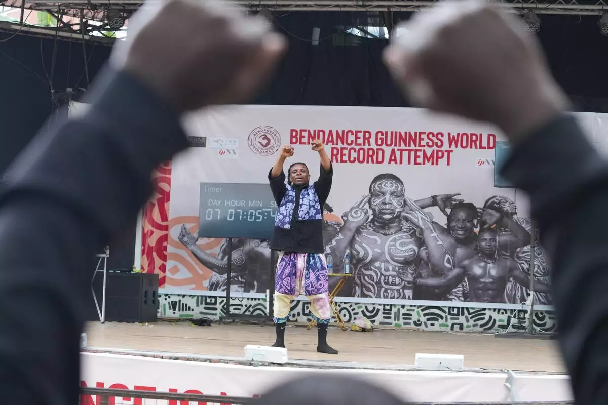 Benjamin Daniel, known as Ben Dancer, attempts dancing for 168 hours in a bid to set a Guinness World Record, at the freedom park in Lagos, Nigeria, Tuesday, Sept. 29, 2026. (AP Photo/Sunday Alamba)