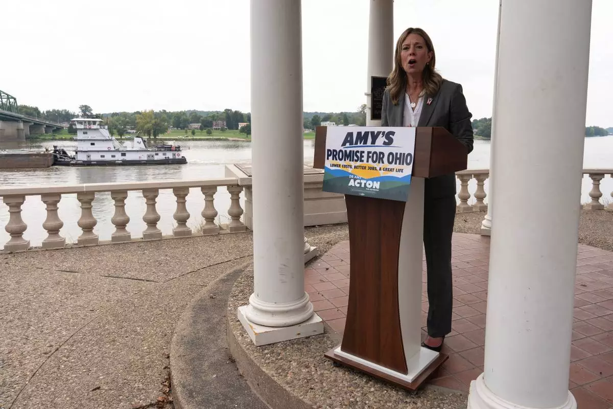 Democratic gubernatorial candidate Dr. Amy Acton speaks during a campaign event along the Ohio River, in Marietta, Ohio, Thursday, Sept. 17, 2026. (AP Photo/Carolyn Kaster)