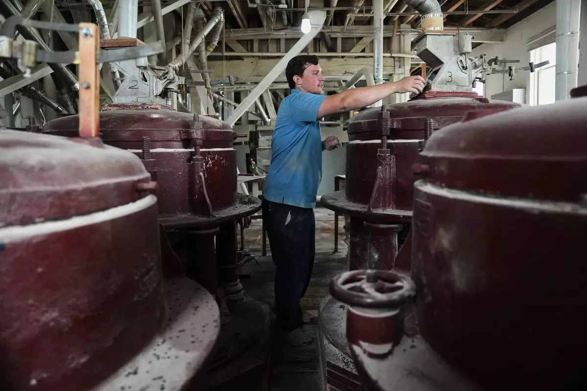 Eric Gifford, head miller at The Birkett Mills, takes a sample of unhulled buckwheat seeds before they are ground Wednesday, Aug. 19, 2026, in Penn Yan, N.Y. (AP Photo/Joshua A. Bickel)