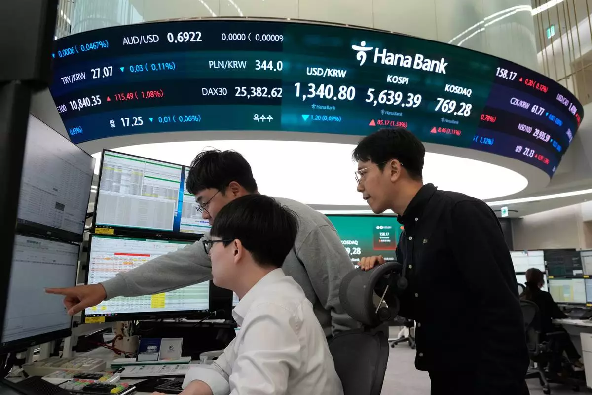 Currency traders work at the foreign exchange dealing room of the Hana Bank headquarters in Seoul, South Korea, Friday, Oct. 16, 2026. (AP Photo/Ahn Young-joon)
