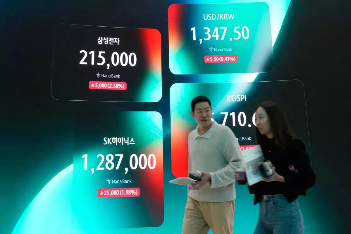 A screen shows the Korea Composite Stock Price Index (KOSPI), the foreign exchange rate between U.S. dollar and South Korean won, SK Hynix and Samsung Electronics Co. stock prices at the foreign exchange dealing room of the Hana Bank headquarters in Seoul, South Korea, Friday, Oct. 16, 2026. (AP Photo/Ahn Young-joon)
