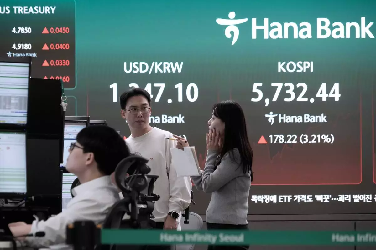 Currency traders work near a screen showing the Korea Composite Stock Price Index (KOSPI) and the foreign exchange rate between U.S. dollar and South Korean won at the foreign exchange dealing room of the Hana Bank headquarters in Seoul, South Korea, Friday, Oct. 16, 2026. (AP Photo/Ahn Young-joon)
