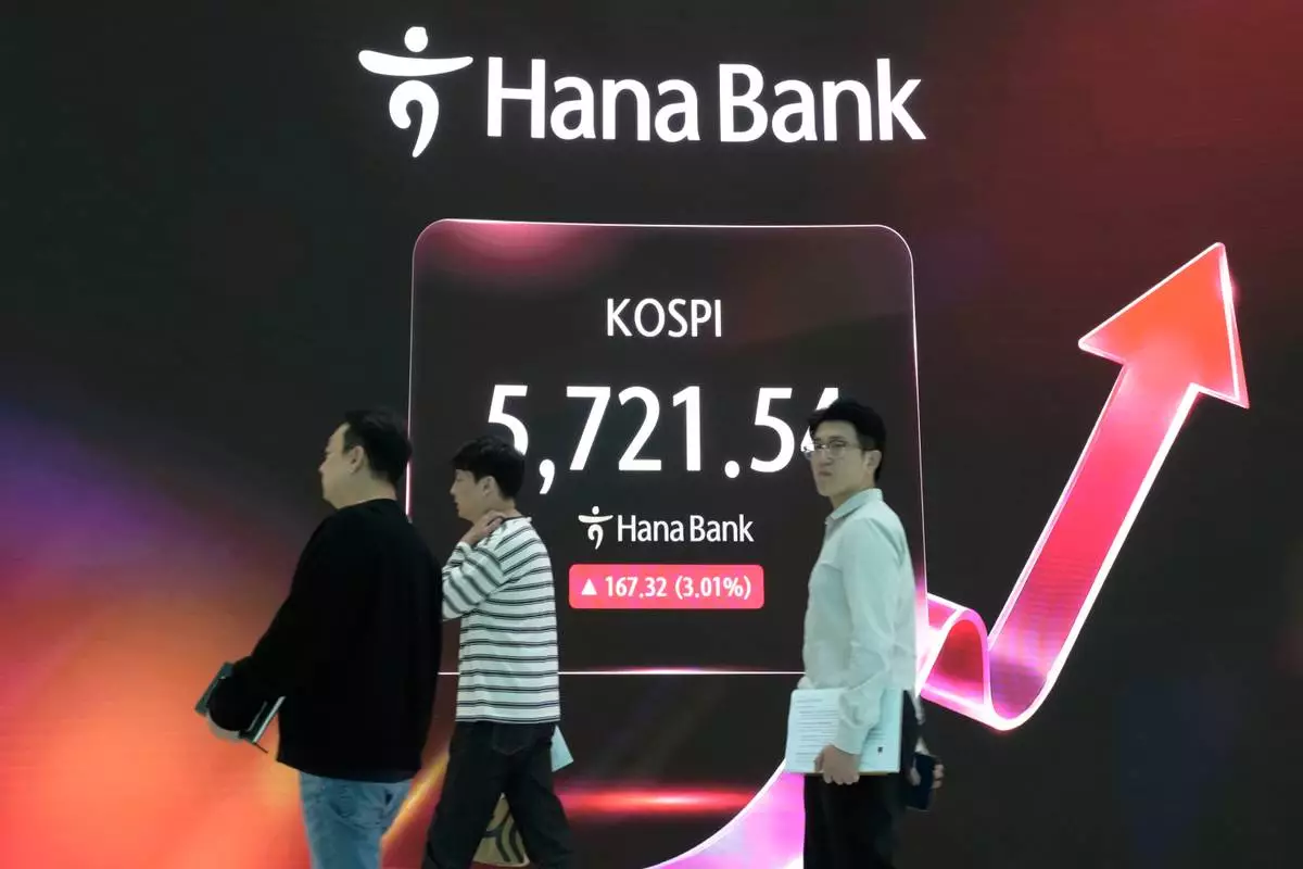 A screen shows the Korea Composite Stock Price Index (KOSPI) at the foreign exchange dealing room of the Hana Bank headquarters in Seoul, South Korea, Friday, Oct. 16, 2026. (AP Photo/Ahn Young-joon)