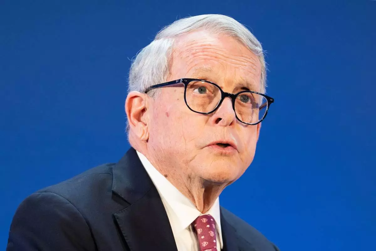 FILE - Gov. Mike DeWine, R-Ohio, speaks at an event at the National Governors Association Winter Meeting, Feb. 19, 2026, in Washington. (AP Photo/Allison Robbert, File)
