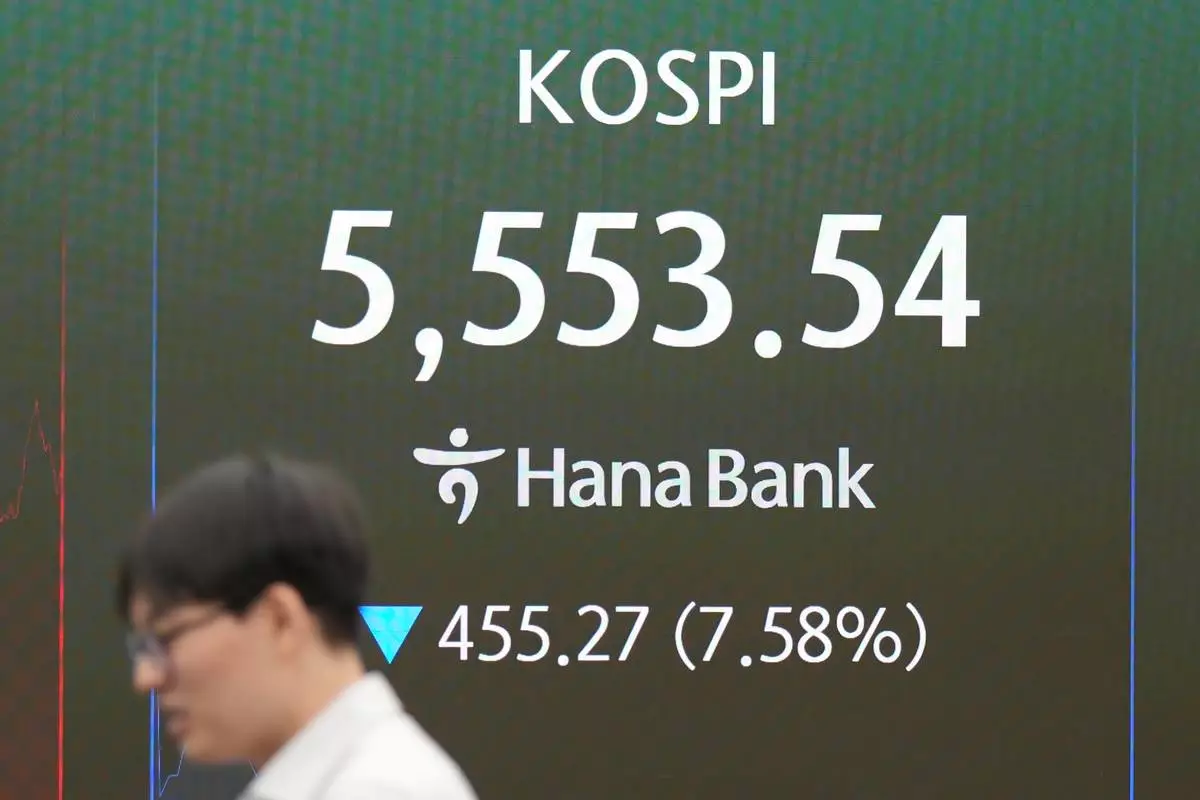 A dealer stands near the screen showing the Korea Composite Stock Price Index (KOSPI) at a dealing room of Hana Bank in Seoul, South Korea, Thursday, Oct. 15, 2026. (AP Photo/Lee Jin-man)