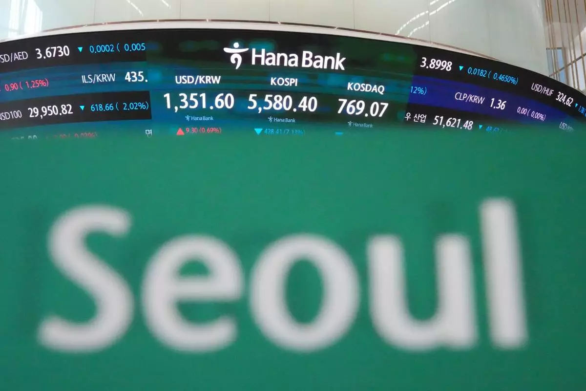 Screens showing the Korea Composite Stock Price Index (KOSPI), the Korean Securities Dealers Automated Quotations (KOSDAQ) and the foreign exchange rate between U.S. dollar and South Korean won are seen at a dealing room of Hana Bank in Seoul, South Korea, Thursday, Oct. 15, 2026. (AP Photo/Lee Jin-man)