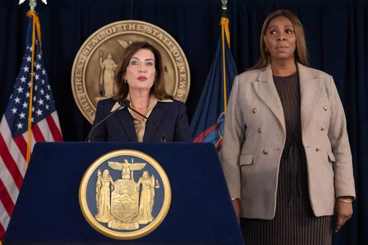 New York Governor Kathy Hochul speaks during a news conference with New York Attorney General Letitia James, Friday, Oct. 2, 2026, in New York. (AP Photo/Yuki Iwamura)