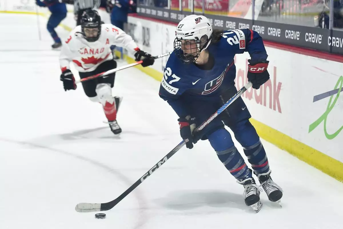FILE - United States forward Taylor Heise (27) skates with the puck during the second period in the final against Canada at the IIHF Women's World Hockey Championships in Utica, N.Y., April 14, 2024. (AP Photo/Adrian Kraus, File)