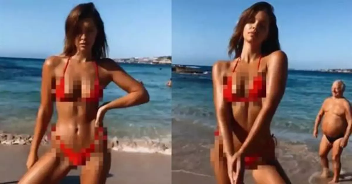 辣妹海灘賣弄性感！後方大叔「微妙笑容」更吸睛