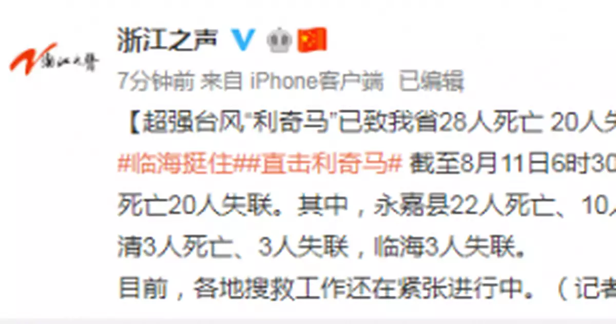 颱風「利奇馬」已致浙江省28人遇難 20人失聯