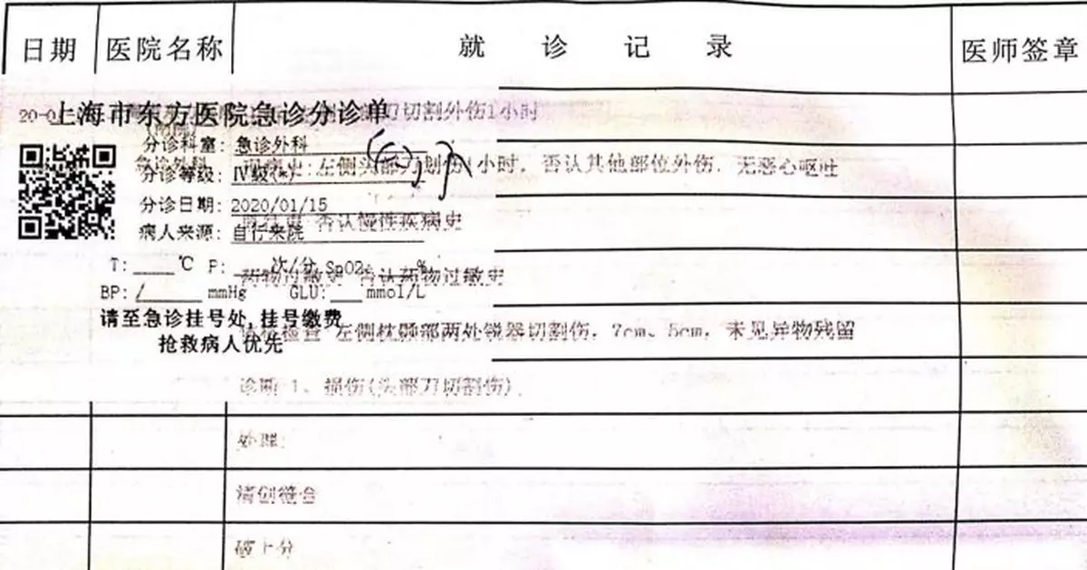 上海一男子「奪刀反傷」 檢方以故意傷害罪提起公訴