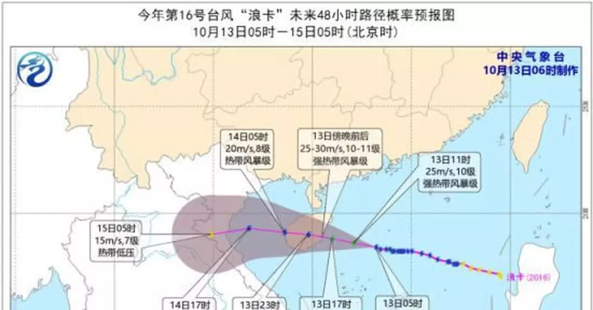 颱風黃色預警：「浪卡」今日傍晚海南沿海登陸