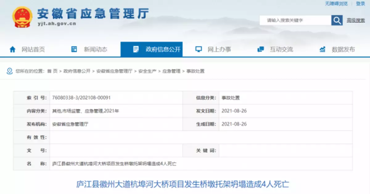 安徽合肥廬江縣一橋墩托架坍塌，造成4人死亡