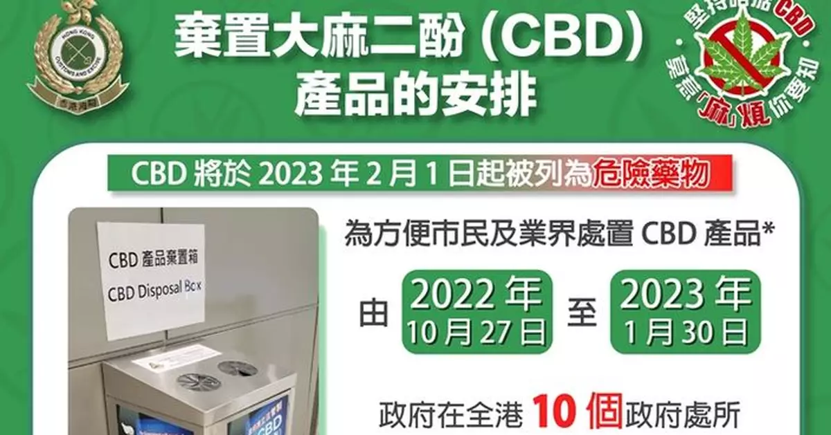大麻二酚2月起列危險藥物 海關提醒市民須1.30前於十個專用箱棄置
