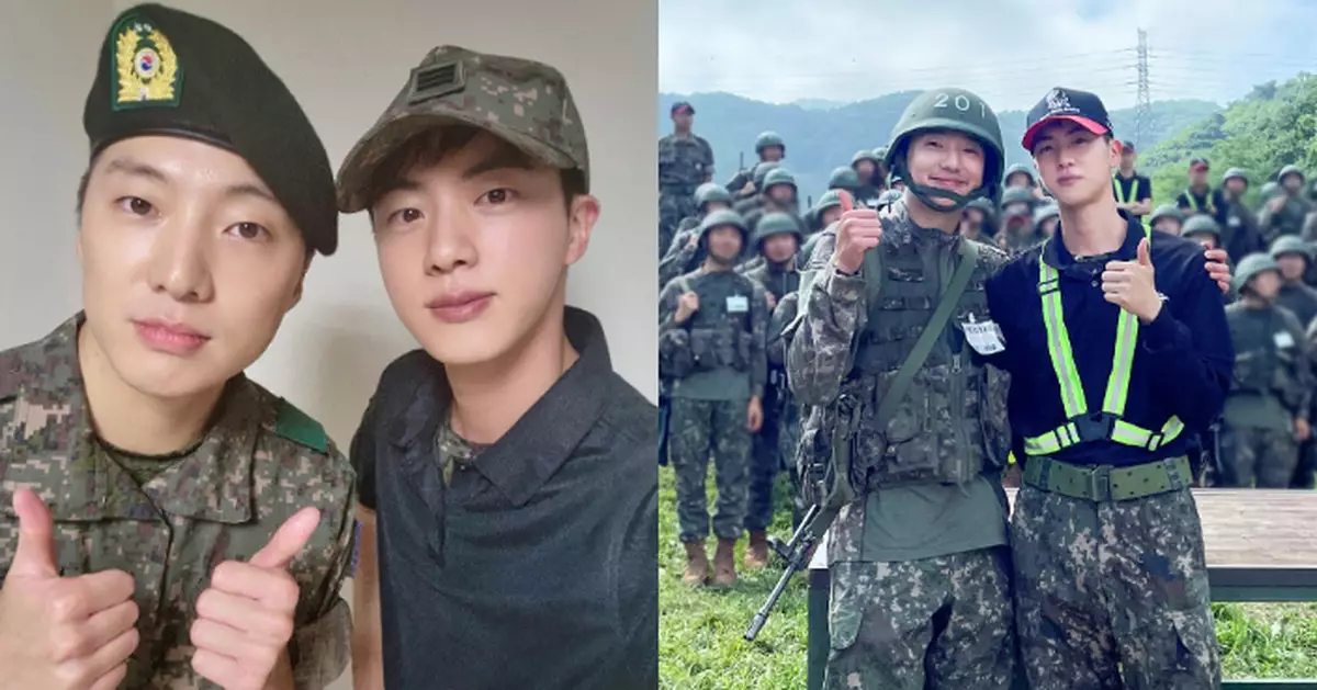 JIN、姜昇潤軍中以助教與訓練兵身份相遇 驚喜向粉絲晒合照